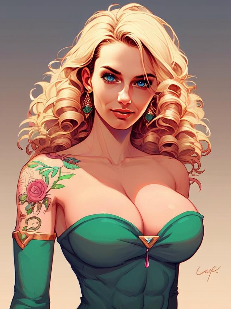 Confident Woman in Green Dress with Floral Tattoo Confident Woman in Green Dress with Floral Tattoo