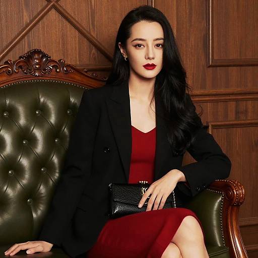 Elegant Woman in Red Dress and Black Blazer Sitting on Green Leather Chair
