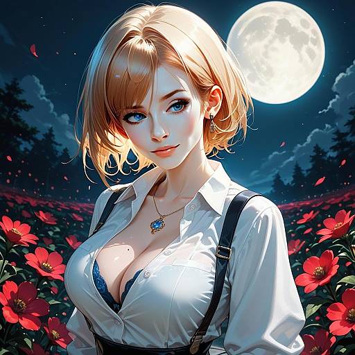 Blonde Woman in White Shirt Among Red Flowers Under Full Moon Anime Art