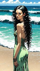 Woman in Green Dress on Beach with Waves