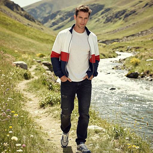 Man Walking Along River Trail in Casual Jacket and Jeans