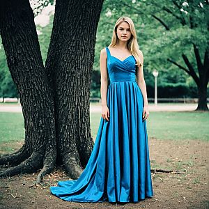 Young Woman in Blue Dress by Tree