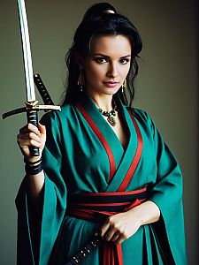 Woman in Traditional Kimono Holding Katana Sword Portrait