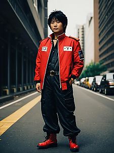 Man Realistic Akira Yuki Cosplay in Red Jacket on City Street
