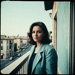 Portrait of Young Woman in Teal Coat on Balcony with Vintage Film Style
