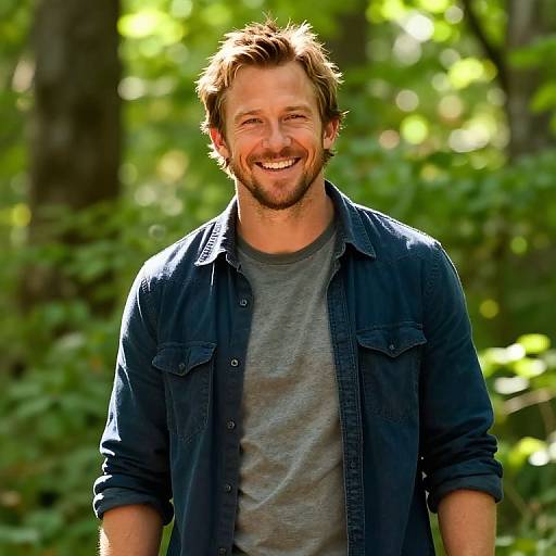 Smiling Man in Casual Denim Shirt Outdoors in Forest