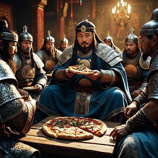 Ancient Asian Warriors Sharing Pizza in Traditional Armor