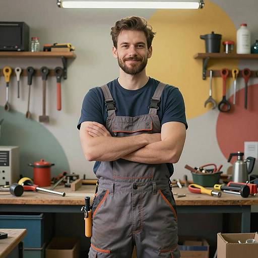 Confident Man in Workshop Wearing Overalls with Tools in Background