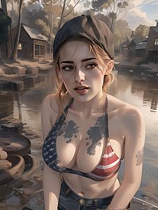 Kawaii Semi-Realistic Digital Art of Woman in American Flag Bikini by Rustic Lake Cabin