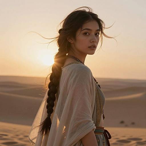 Young Woman with Braid in Desert at Sunset Wearing Bohemian Attire