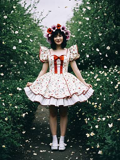 Woman in Floral Petal Dress Cosplay in Garden with Flower Petals
