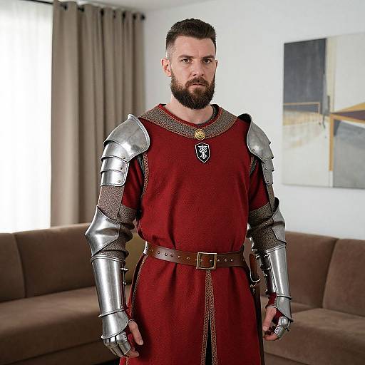 Man in Medieval Red Tunic and Armor in Modern Living Room