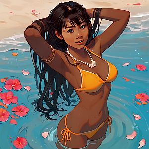 Confident Woman in Orange Bikini with Flowers