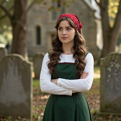 Thoughtful Young Woman in Green Dress and Red Bandana in Cemetery