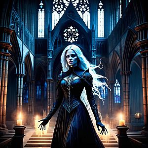 Striking Woman in Gothic Cathedral