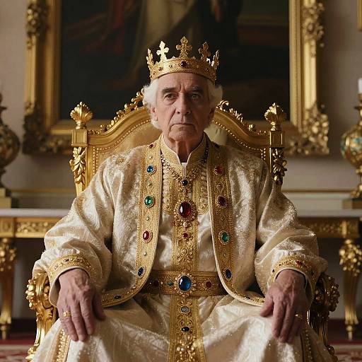 Elderly King in Ornate Regal Robes Sitting on Golden Throne