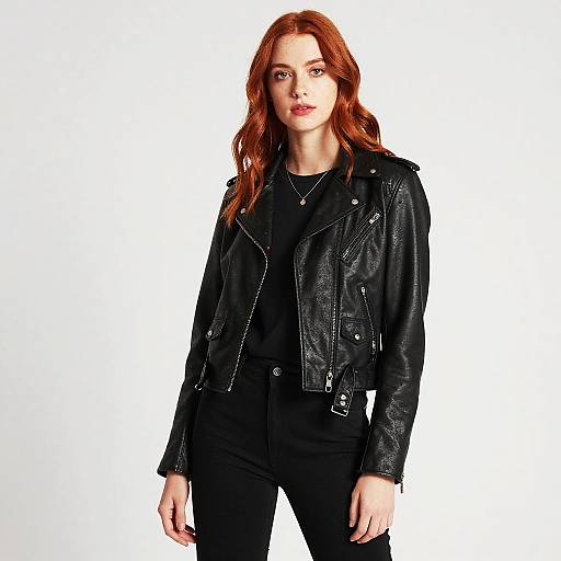 Stylish Woman Wearing Black Leather Biker Jacket and Black Outfit Fashion