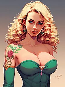 Confident Woman in Green Dress with Floral Tattoo