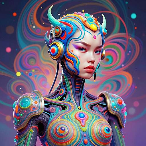 Futuristic Cybernetic Woman in Vibrant Neon Armor Digital Art