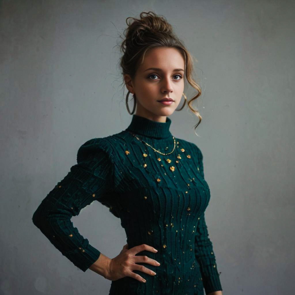 Confident Young Woman in Dark Green Sweater