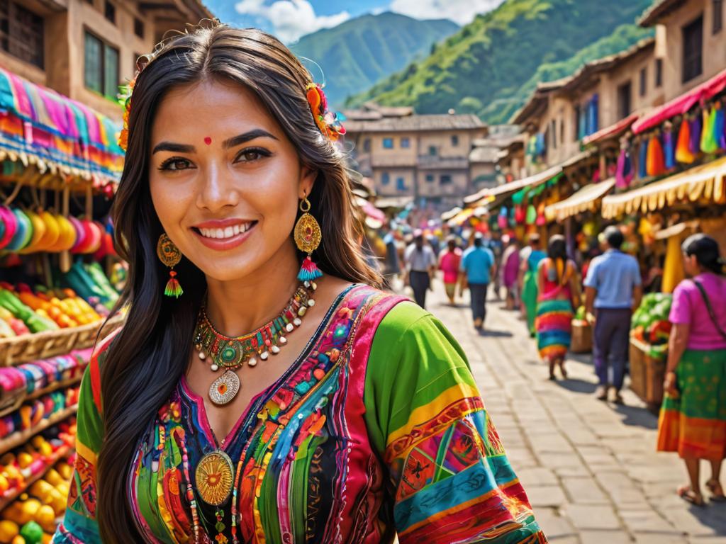 Beautiful Peruvian Woman in Vibrant Attire at Colorful Marketplace