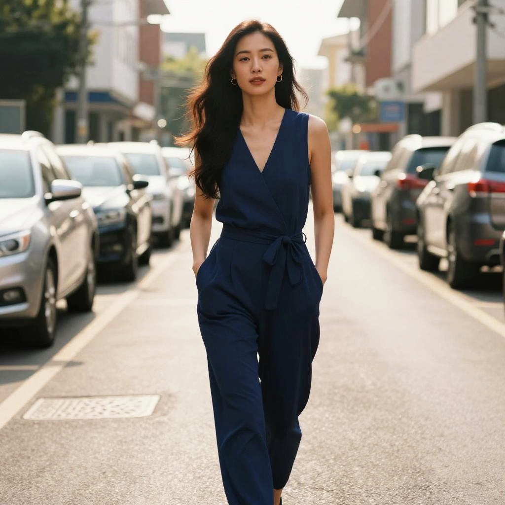 Stylish Woman in Navy Blue Jumpsuit Walking on City Street