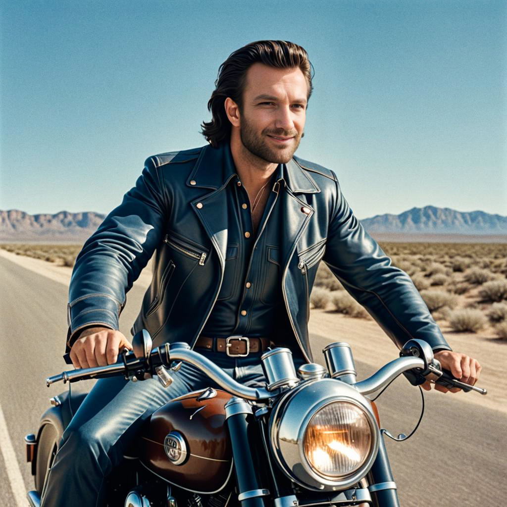 Man on Vintage Motorcycle in Desert