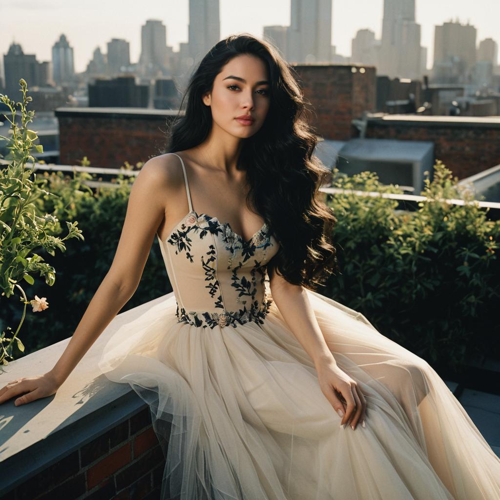 Elegant Woman in Embroidered Tulle Gown on Urban Rooftop