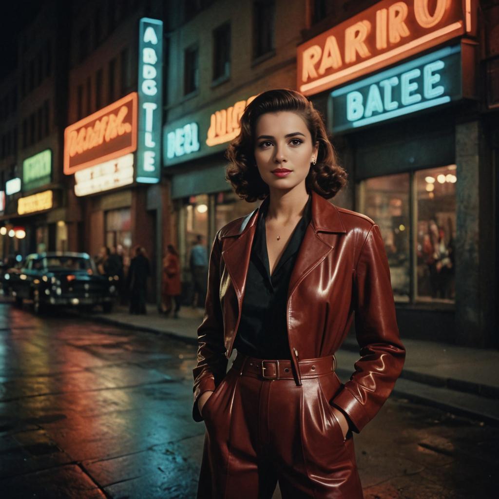 Mid-Century Charm: Woman in Leather Outfit at Night