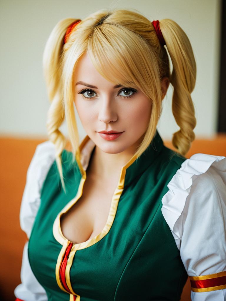Aeru Simoun Blonde Woman in Detailed Green Cosplay Outfit