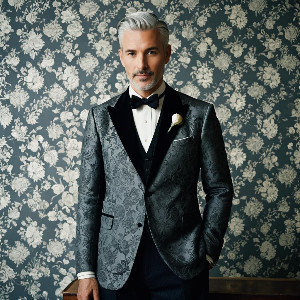 Elegant Man in Brocade Tuxedo with Bow Tie and Floral Background