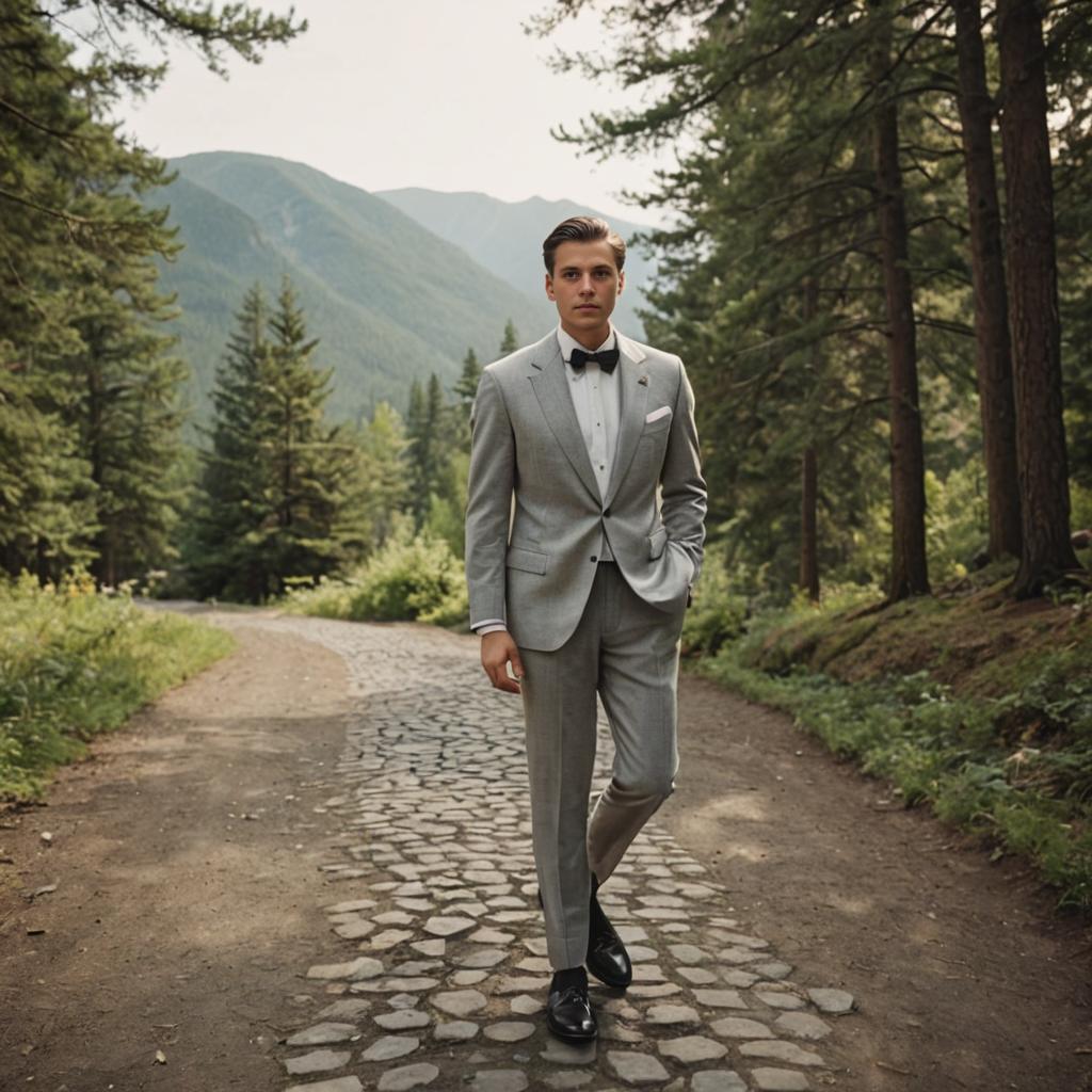 Confident Man in Gray Suit on Cobblestone Path