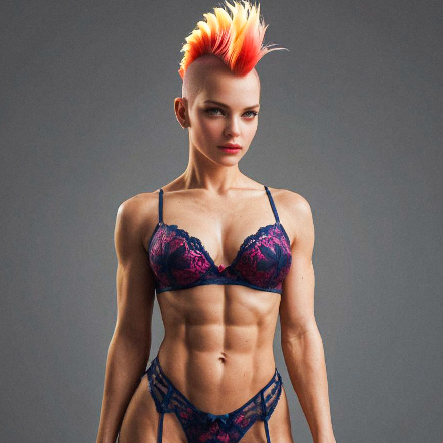 Muscular Woman with Orange Mohawk in Lingerie