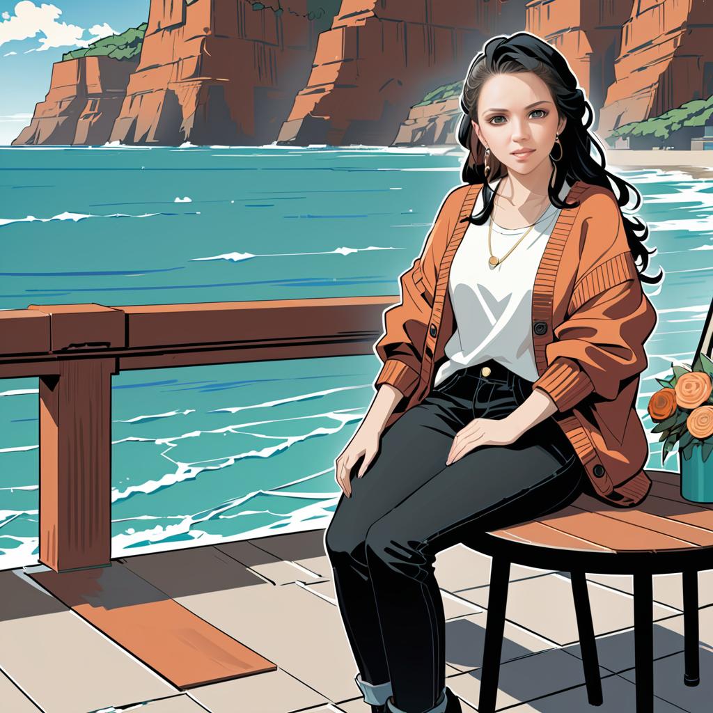 Anime Woman by the Seaside in Casual Attire