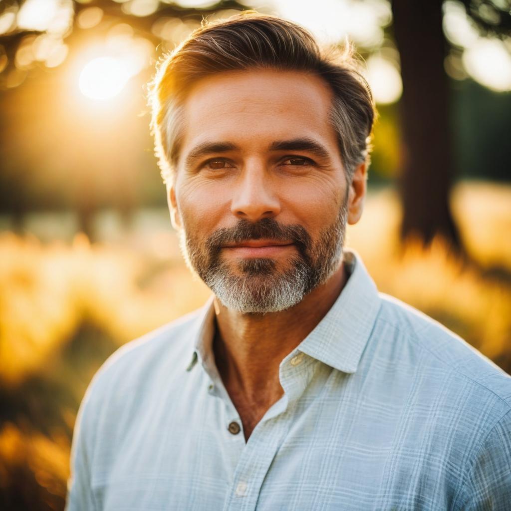Mature man outdoors in golden sunlight Mature man outdoors in golden sunlight