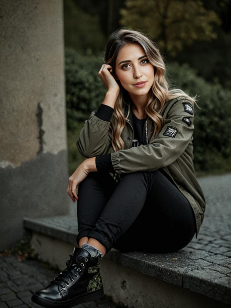 Stylish Young Woman in Green Bomber Jacket