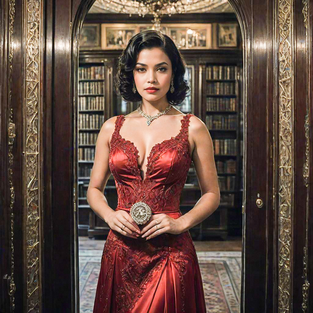 Elegant Woman in Red Gown in Vintage Hallway Elegant Woman in Red Gown in Vintage Hallway