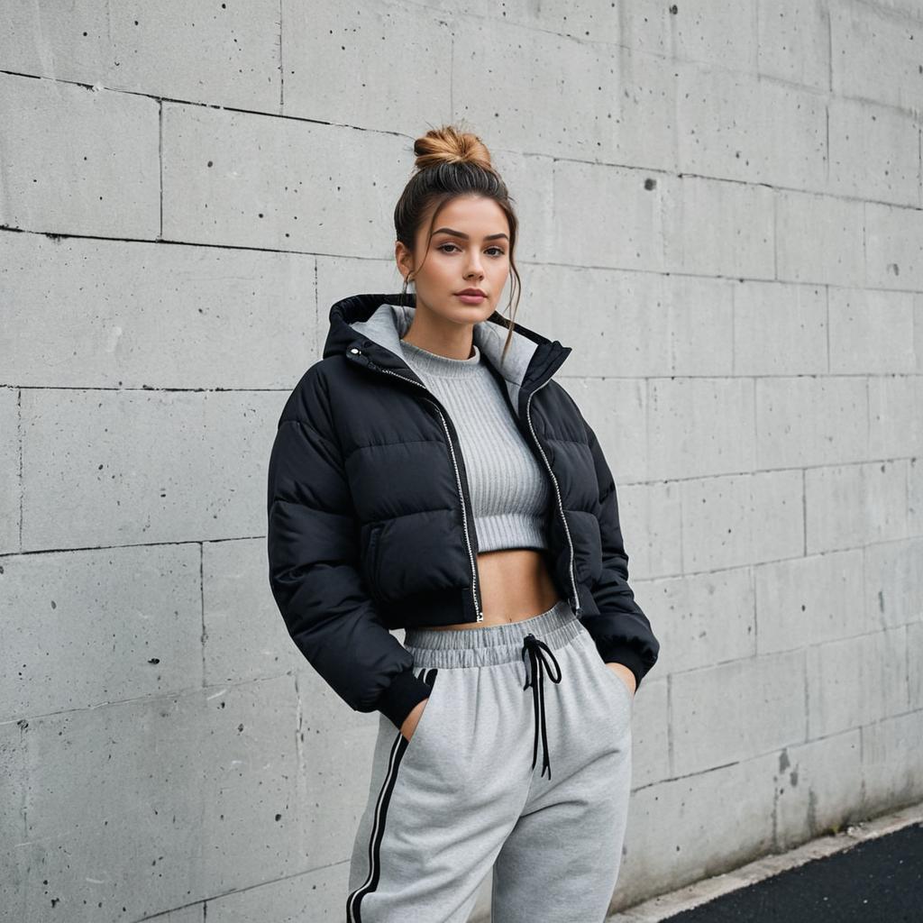 Woman in Casual Streetwear Wearing Black Puffer Jacket with Hood and Grey Ribbed Sweater