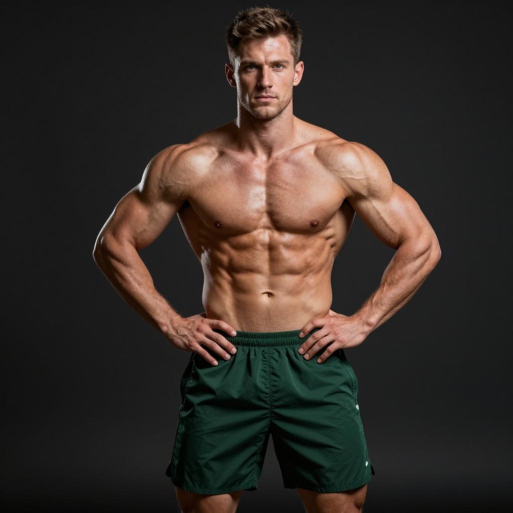 Fit Muscular Man with Defined Abs Standing in Green Shorts
