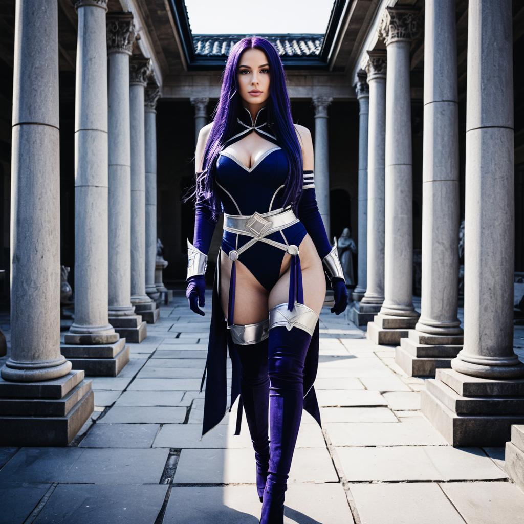 Realistic Fantasy Warrior Woman in Purple and Silver Costume at Stone Pillar Courtyard