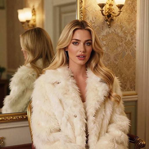 Elegant Woman in White Faux Fur Coat in Classic Interior