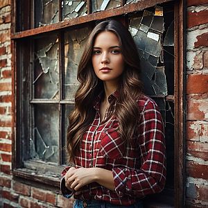 Young Woman in Red Plaid Shirt by Rustic Brick Wall