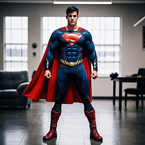 Man in Superboy Suit Costume with Red Cape and Muscular Blue Bodysuit