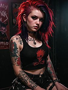 Punk Style Woman with Red Purple Hair and Tattoos in Edgy Portrait