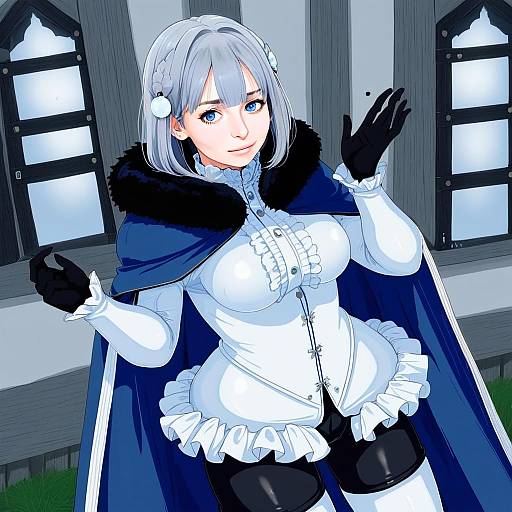 Anime Woman in White Ruffled Outfit and Blue Cape at Akershus Fortress