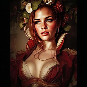 Renaissance-Inspired Portrait of Woman with Floral Crown in Dramatic Lighting