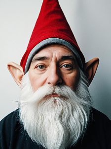 Man Wearing Adult Gnome Costume with Red Hat and White Beard