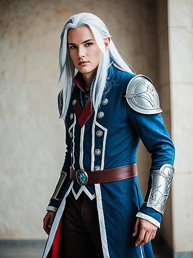 Man in Fantasy Armor Costume with White Hair and Blue Coat
