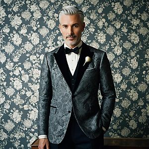 Elegant Man in Brocade Tuxedo with Bow Tie and Floral Background