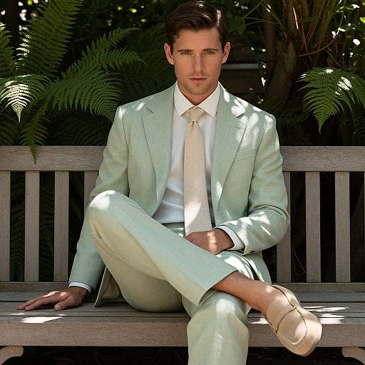Man in Light Mint Green Suit Sitting on Wooden Bench Outdoors